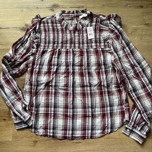 LOFT Plaid Blouse in Burgundy and White